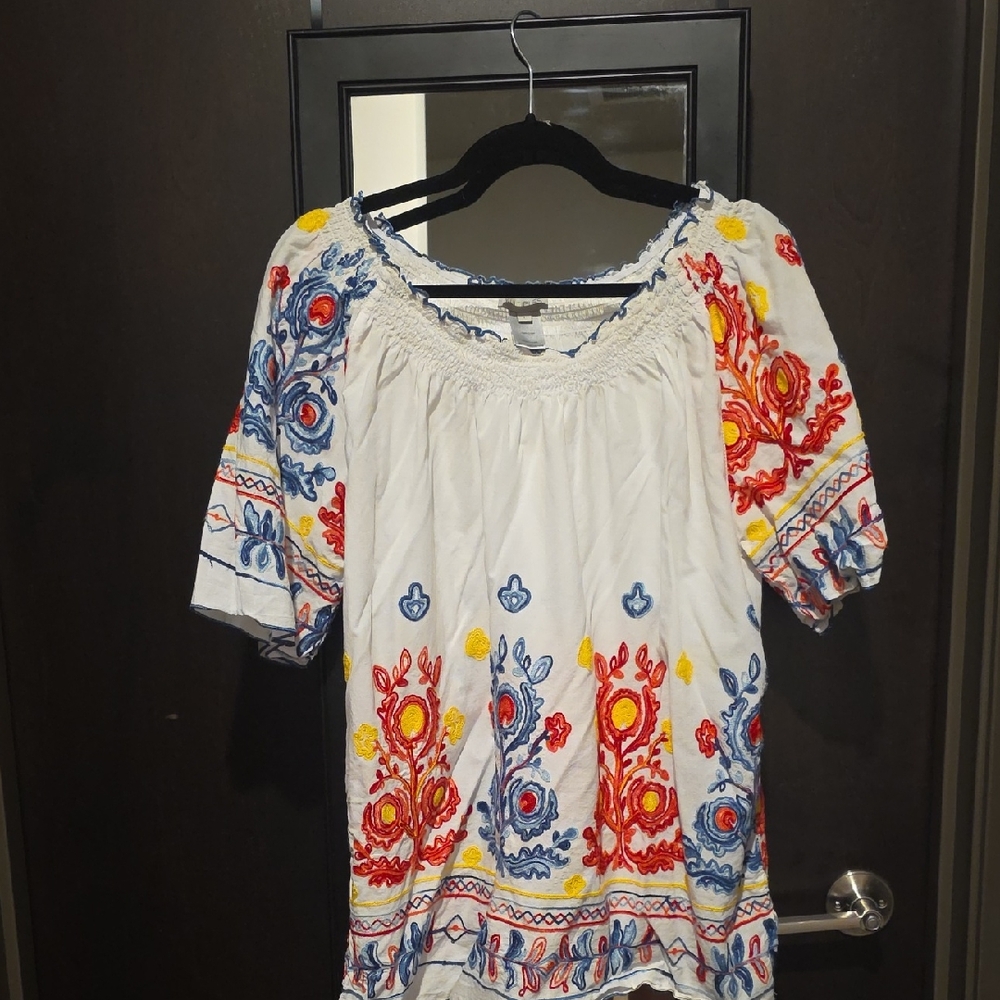Multiples Embroided  White Blouse with Red and Blue Embroidery